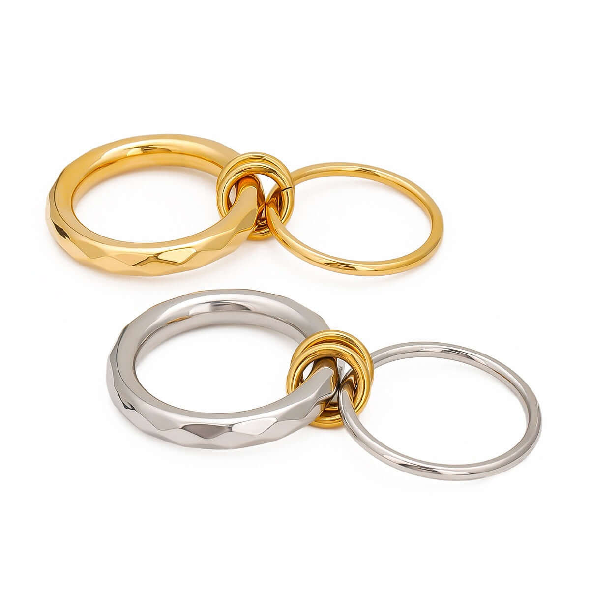 18K gold and silver interlocking double-circle rings, affordable jewelry for everyday wear and stylish layering.