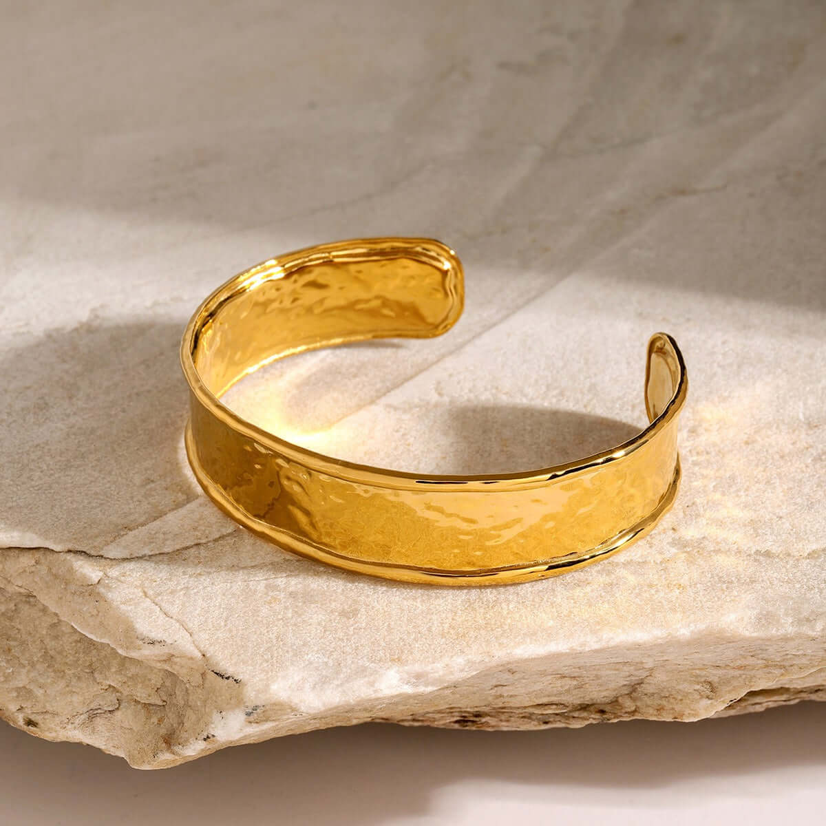 18K gold-plated wide hammer patterned bangle, perfect for everyday wear and layering. Affordable jewelry to elevate your style.