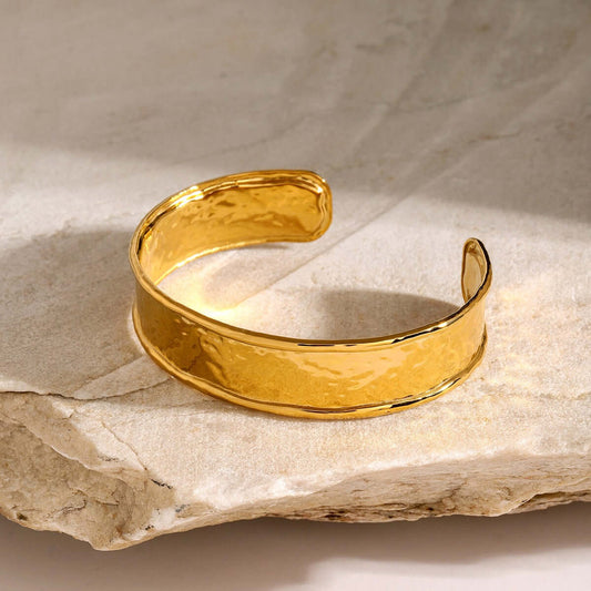 18K gold-plated wide hammer patterned bangle, perfect for everyday wear and layering. Affordable jewelry to elevate your style.