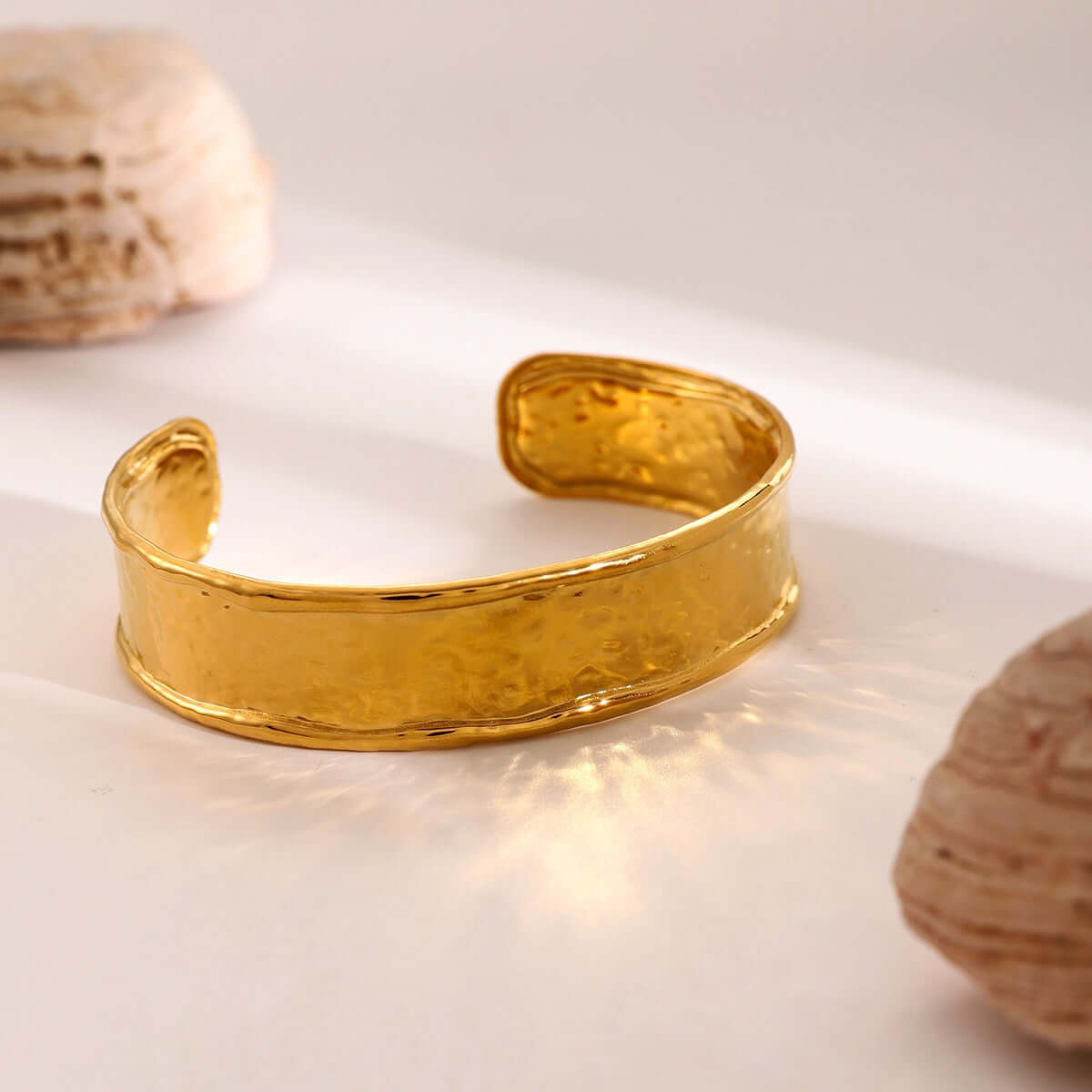 18K gold-plated wide bangle with hammer pattern, perfect for everyday wear and layering, affordable jewelry option.